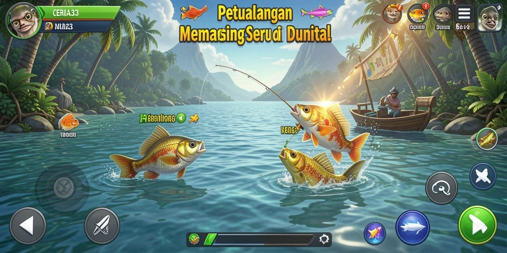 Screenshot utama CERIA33 menampilkan gameplay seru ketika memancing ikan besar.