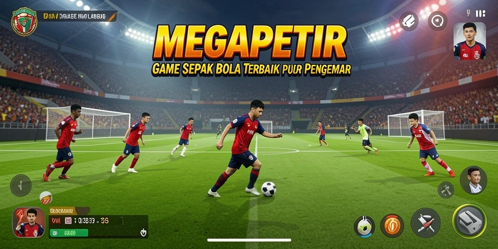 Tampilan gameplay MEGAPETIR dengan aksi sepak bola yang mendebarkan.